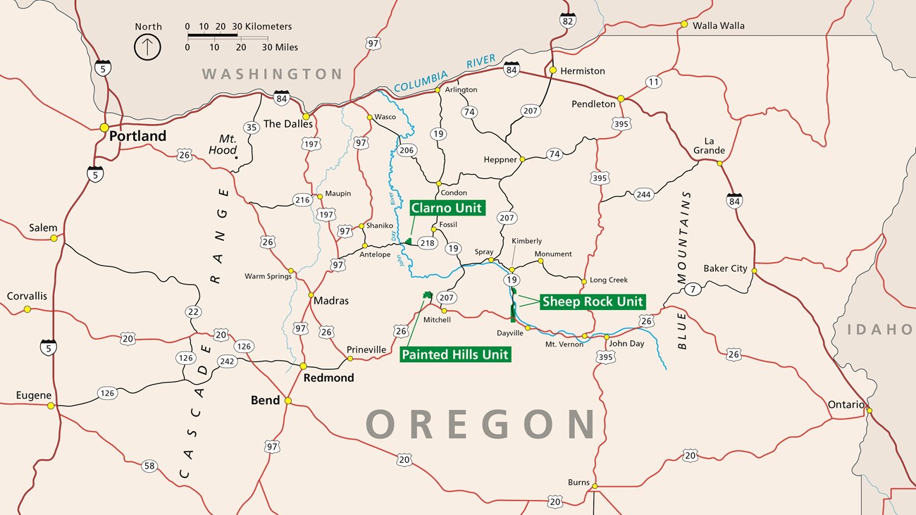 Map showing the three units of the monument in the center, surrounded by nearby small towns. Cities such as Portland, Bend, and Ontario are near the edges of the map.