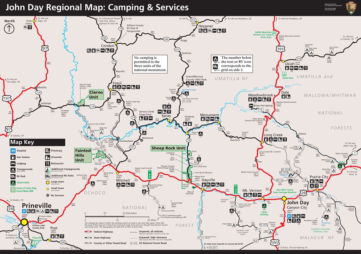 John Day regional campground map showing Campgrounds and Service map shows a map of the known campgrounds near the three units of the monument as well as services available in towns. No camping is permitted in the three units of the monument.