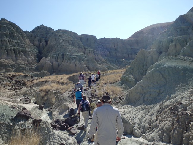 A ranger-led guided hike walking on-trail through Blue Basin.