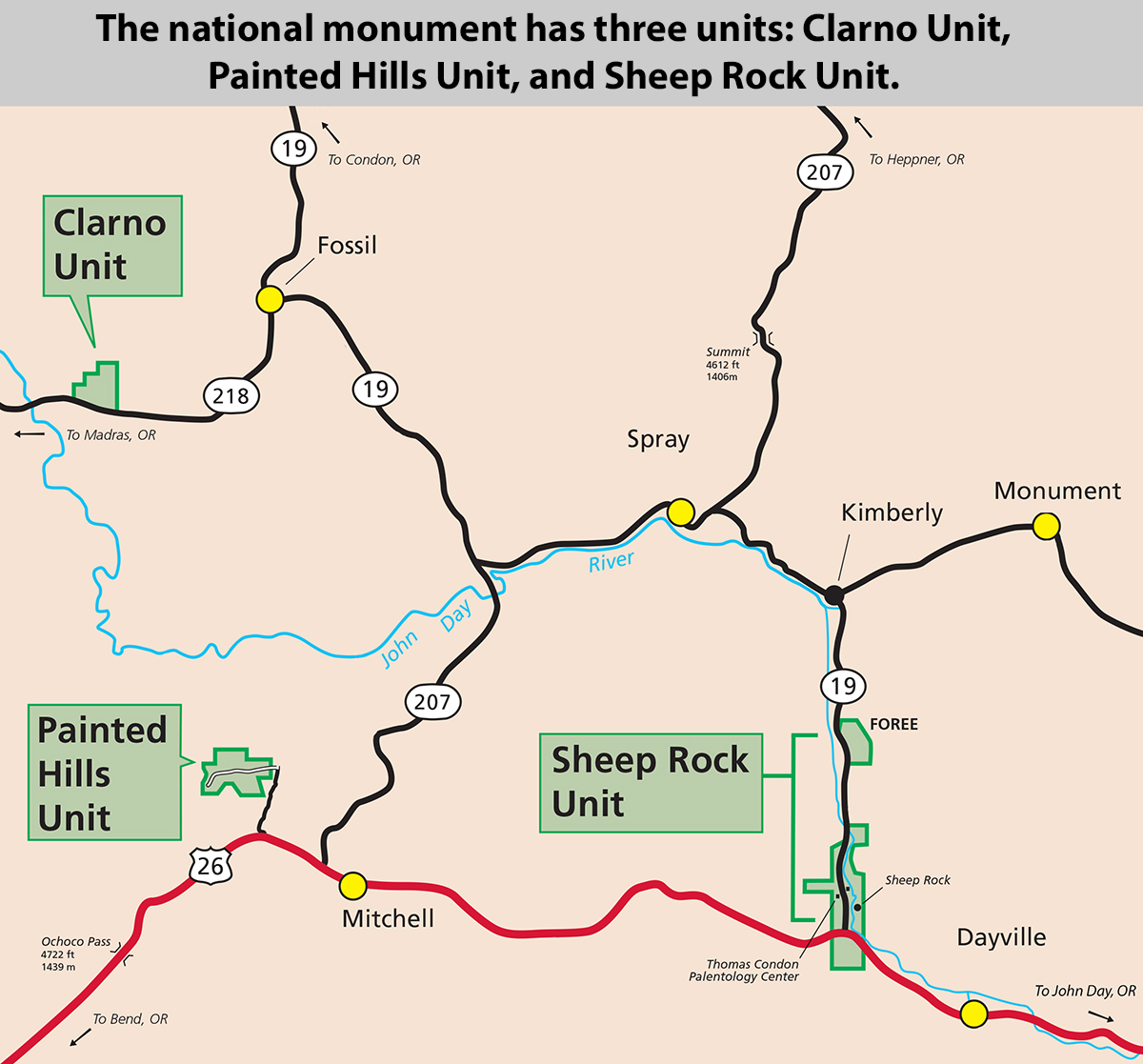 The national monument has three units, the Clarno Unit, the Painted Hills Unit, and the Sheep Rock Unit. The national monument has three units, the Clarno Unit, the Painted Hills Unit, and the Sheep Rock Unit.