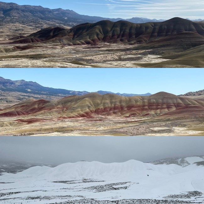 Three images of the Painted Hills at different times of day and weather conditions.