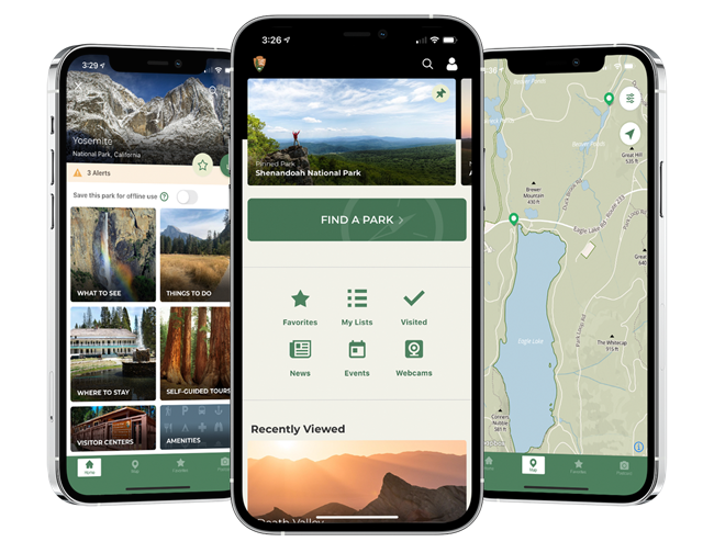 Three phones with screens showing features of the NPS app