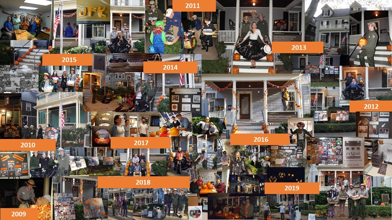 A collage of past halloween photos from 2009-2019. Years are listed in orange boxes