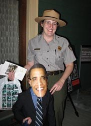 Park Ranger with child dressed up as President Obama