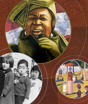 images of art and artists are collaged in small bubbles images of art and artists are collaged in small bubbles