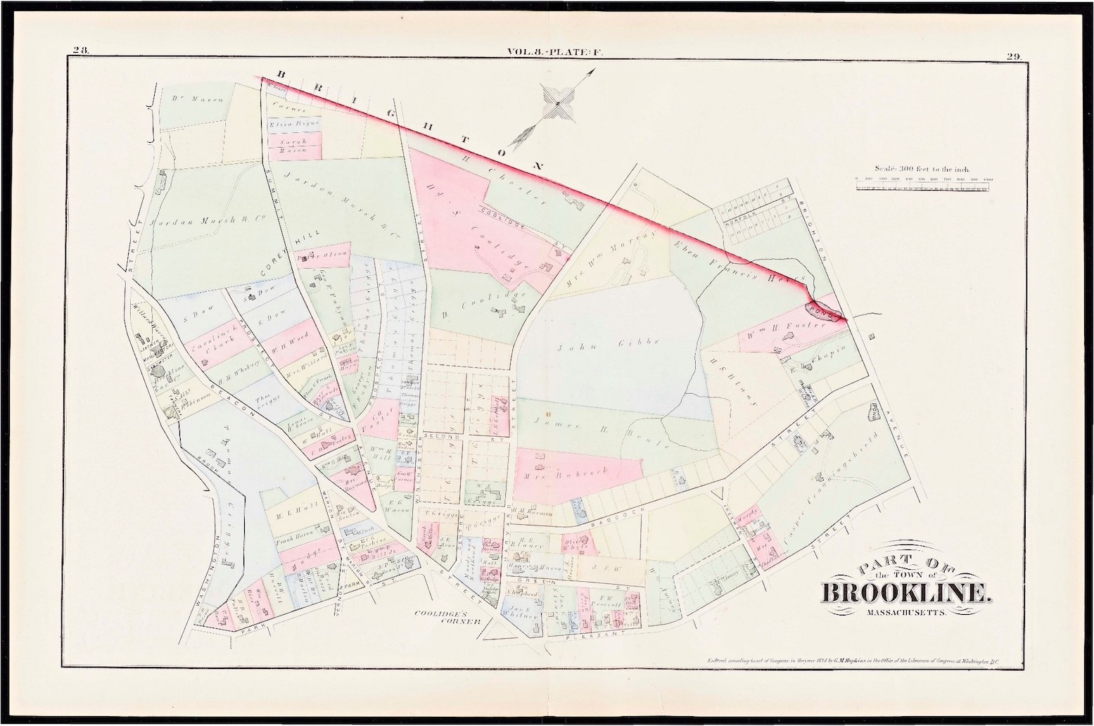 A colorful, ink drawn, paper map of part of Brookline in 1874. The areas of the map are divided into sections of pink, yellow, green, or blue ink. A bright red line separates the edge of the town from Brighton.