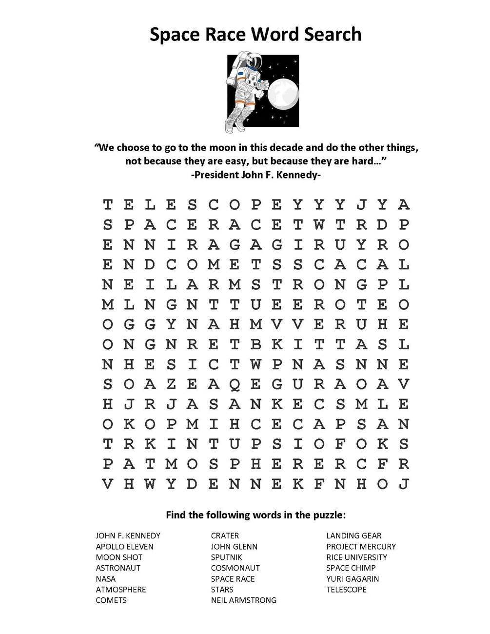A word search puzzle that uses space race terms