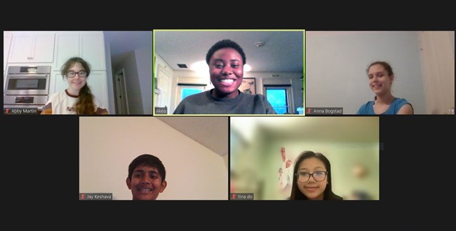 screenshot of video call with 5 people in individual screens