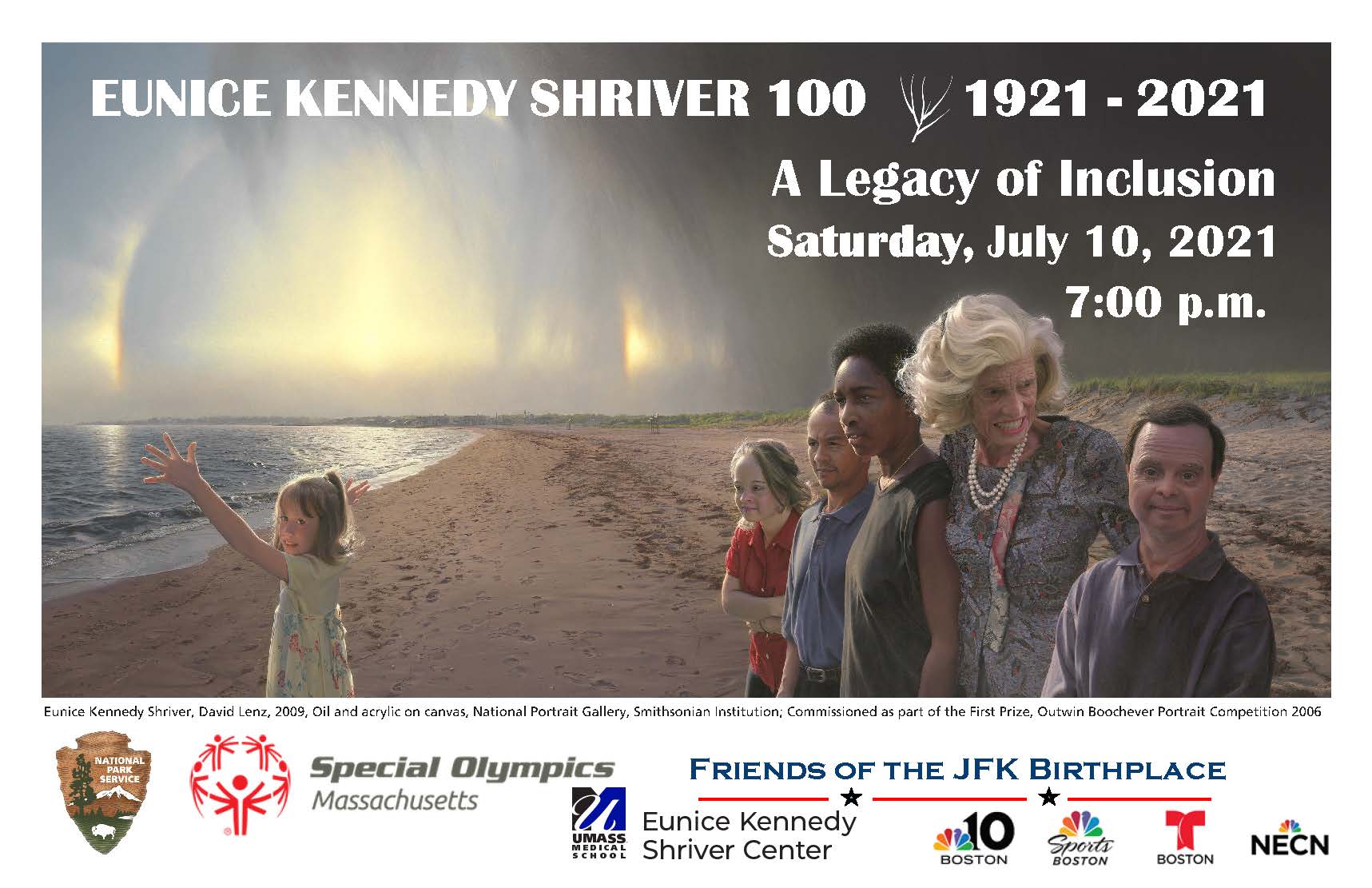 Eunice Kennedy Shriver Official Portrait An older woman stands with youth on a beach. A girl on the left reaches toward the sun.