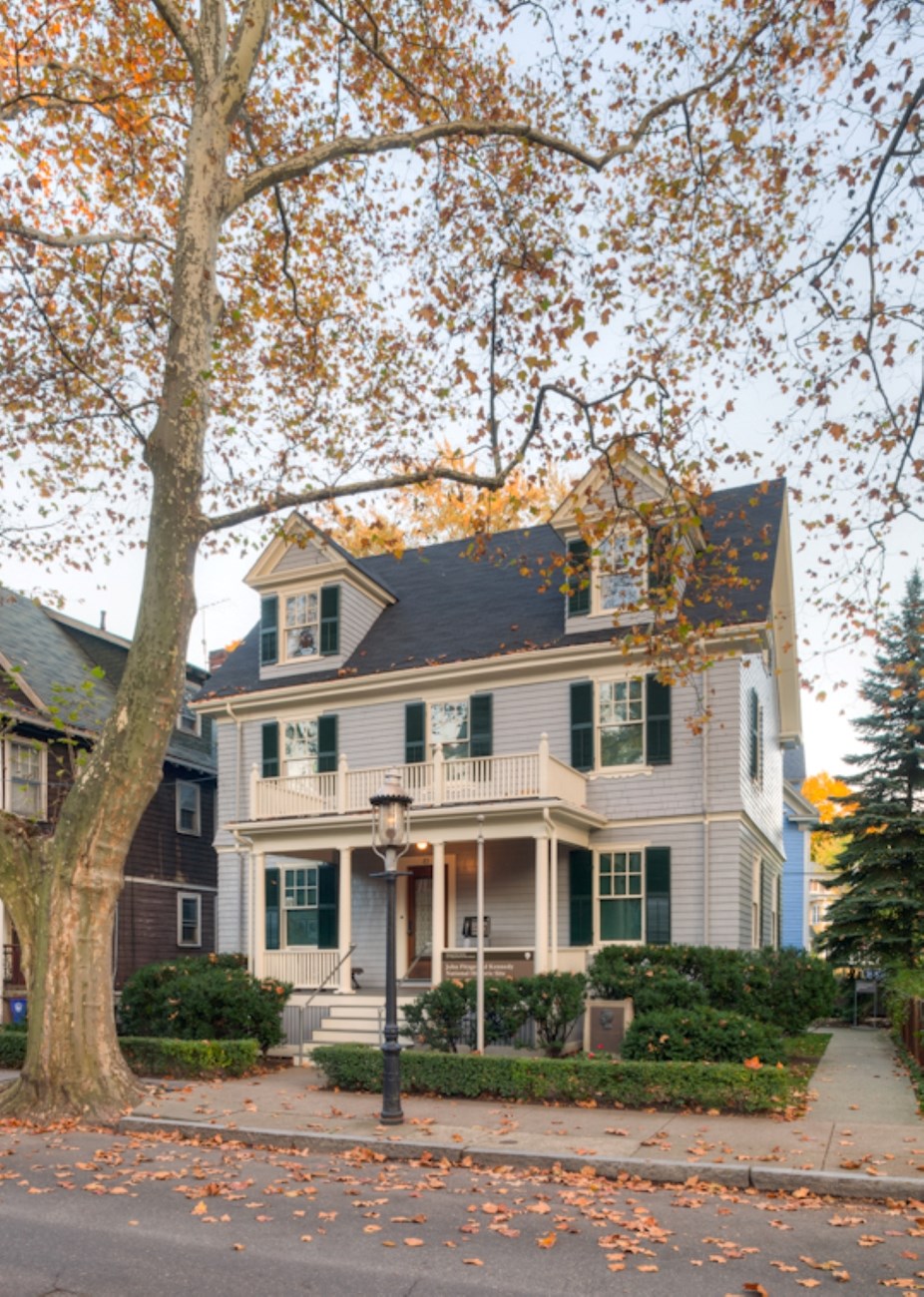 Grey house on a tree-lined street. Empty flag pole. Large tree in front of house has some fall colored leaves.