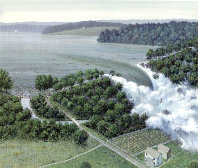 Artist's conception of the South Fork Dam failing or giving way on the afternoon, about 3:15 pm, of May 31, 1889.