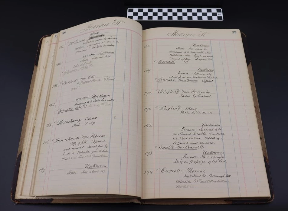 The inside of a morgue book Hand written entries on the inside of a morgue book