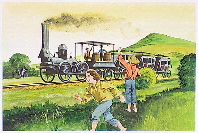 Boys running beside an early steam engine pulling carriages.