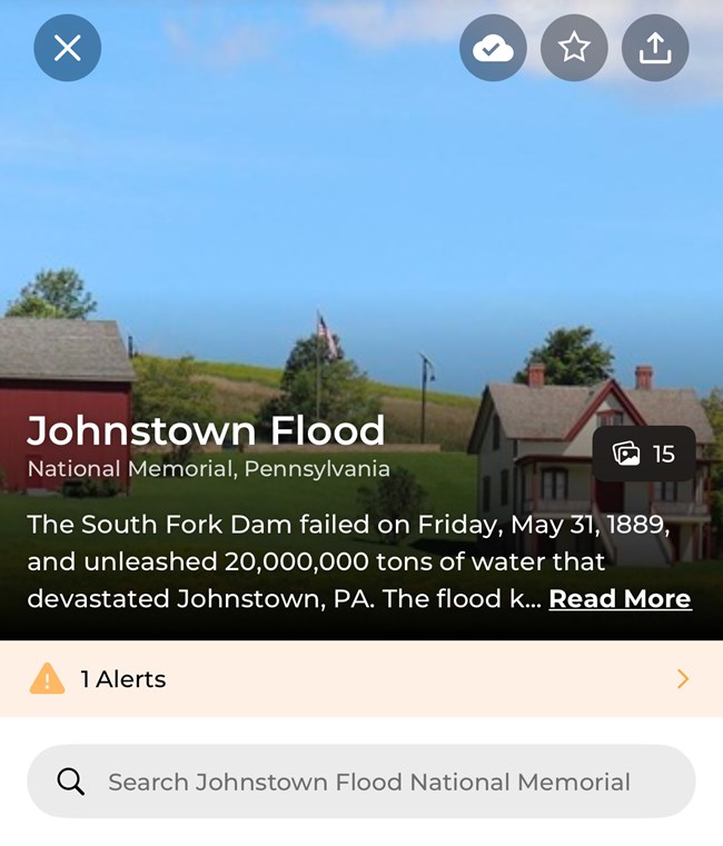 A picture of a red barn, farmhouse and brief description of the park.
