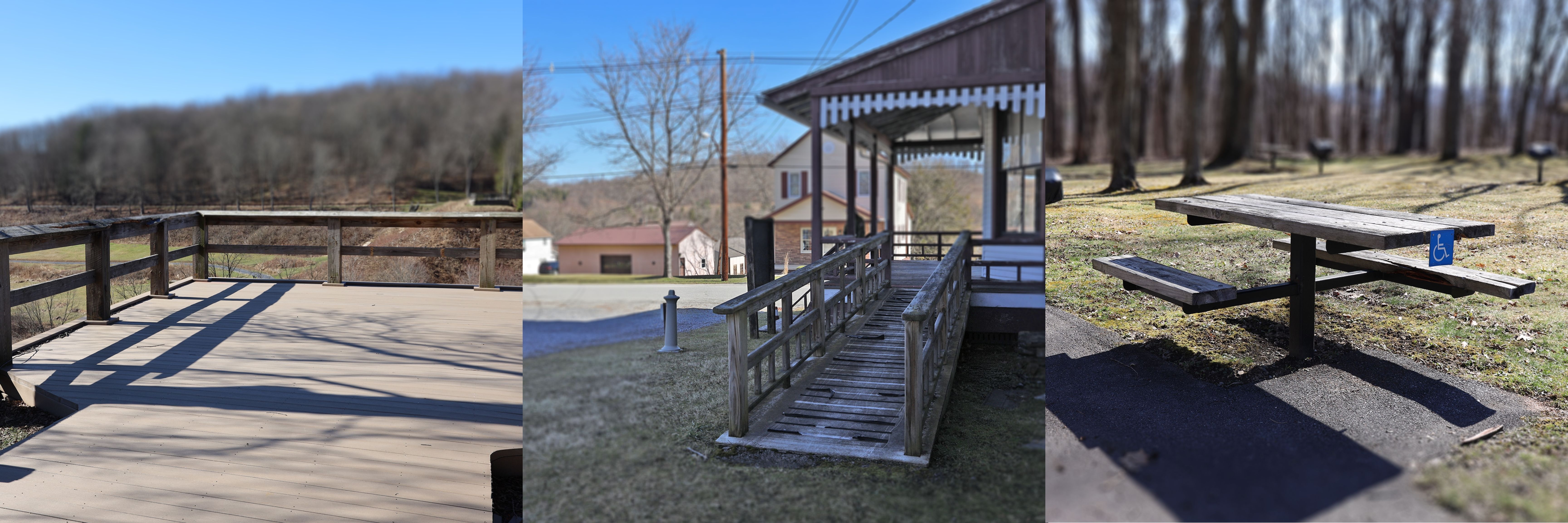 This image holds 3 separate images. Pictured from left to right, a boardwalk ramp overlook, a ramp leading to a house porch and a picnic table with a cutout bench for wheelchairs.