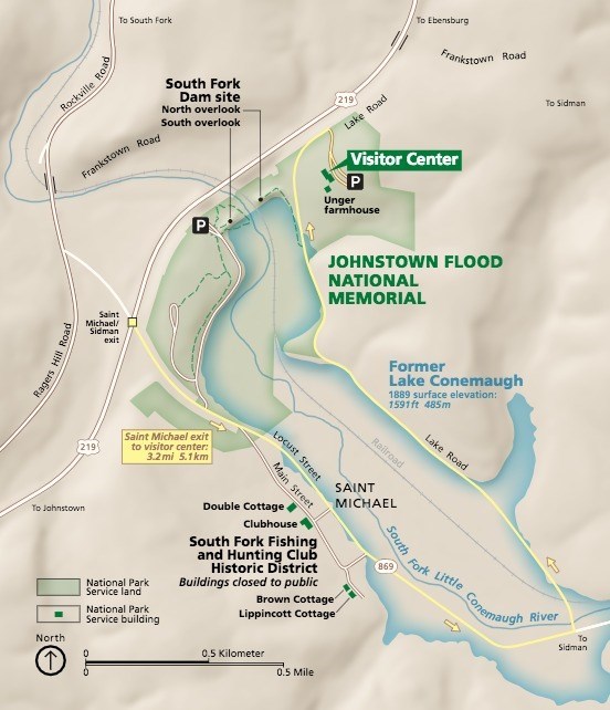 A map of Johnstown Flood National Memorial and the town of Saint Michael