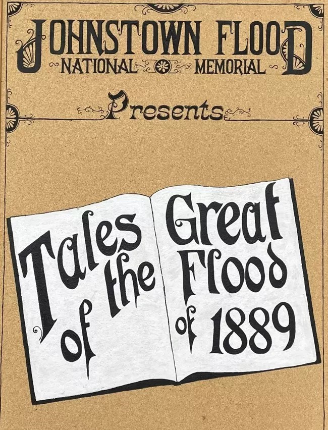 An open book with the words Tales of the Great Flood