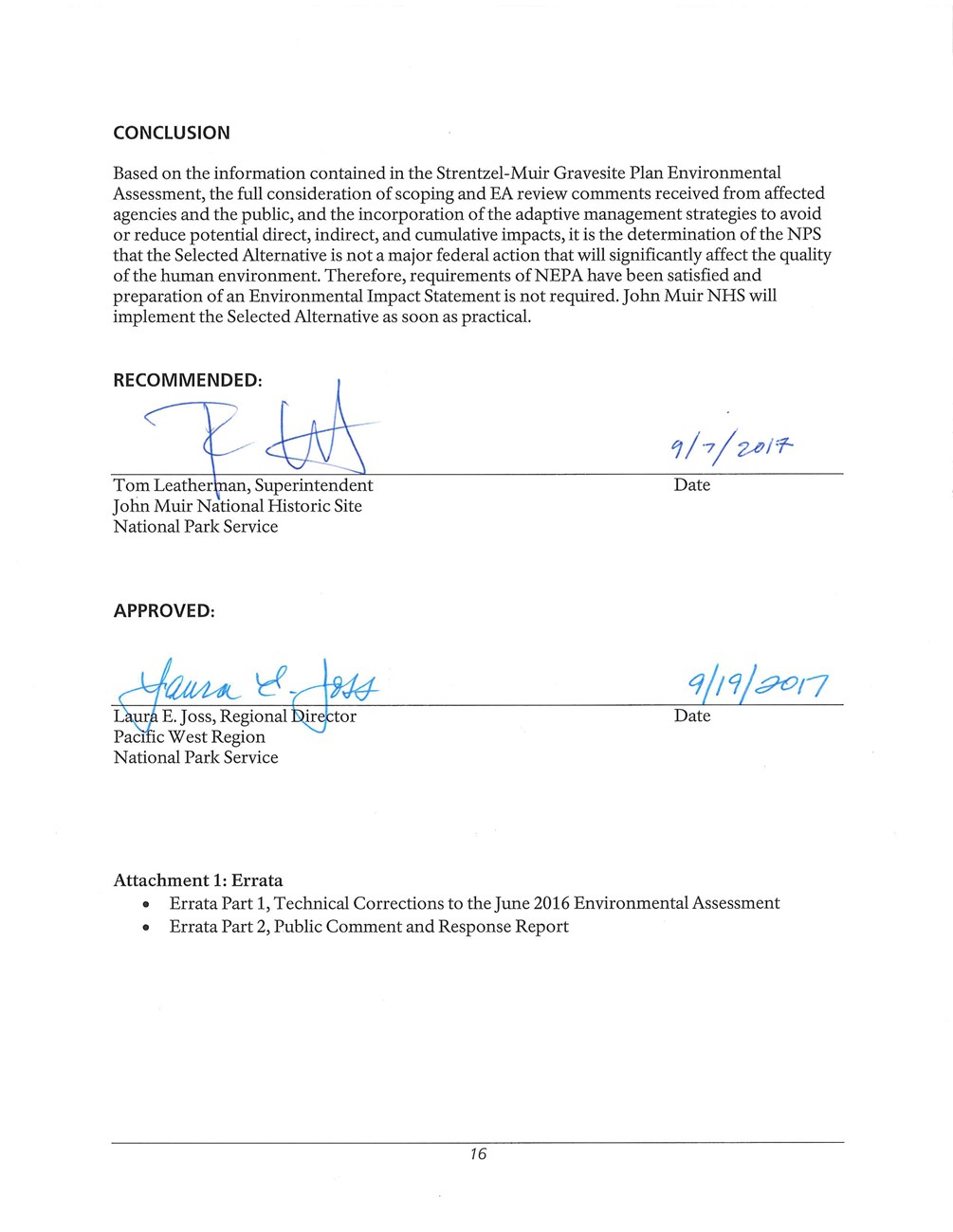 Finding of Significant Impact for the Strentzel Muir Gravesite, signed approval document from park Superintendent Tom Leatherman and regional Superintendent Laura E. Joss.