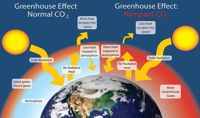 Diagram comparing heat-trapping gasses in the atmosphere with and without fossil fuel emissions from human activity.