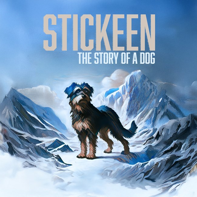 Illustration of a mutt dog in the alaskan snowy mountains.