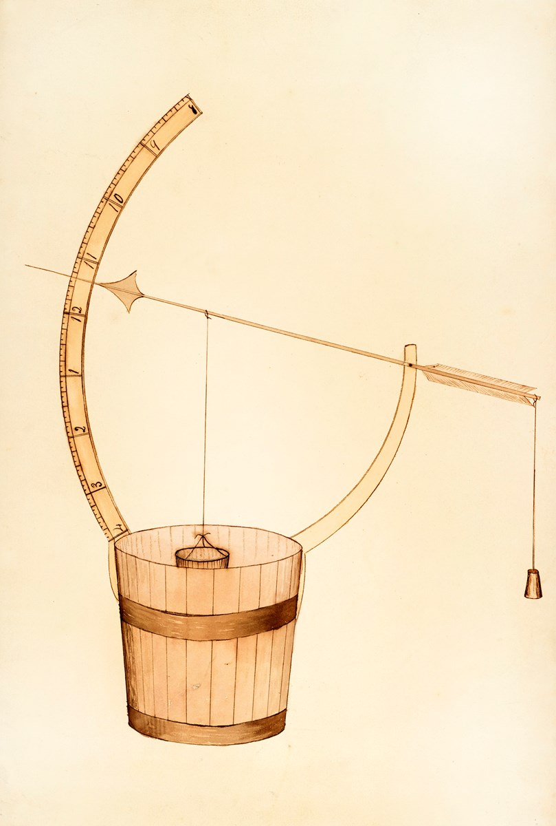 Illustration of a John Muir Invention. Bucket with a mechanical device. 