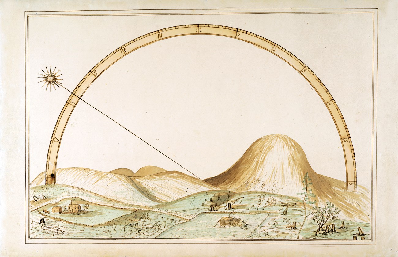 John Muir Invention. Illustration of a mechanical device over some hills.