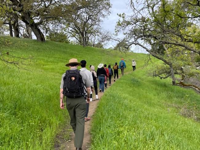 Male ranger and multiple people hike along a nature trail that is surrounded by grass and trees.