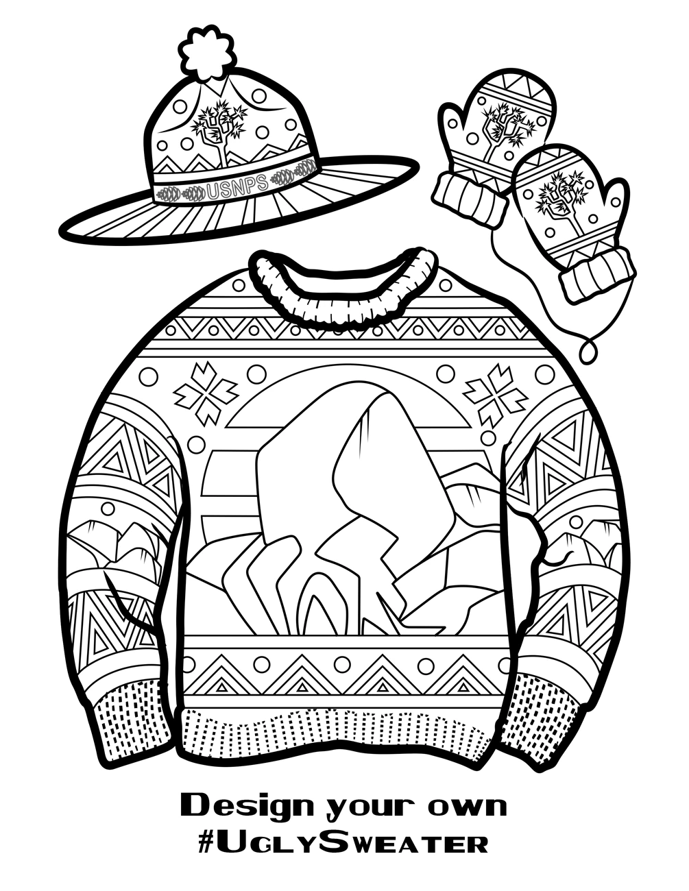 Ugly Sweater: skull rock A coloring book page with a sweater with rock designs
