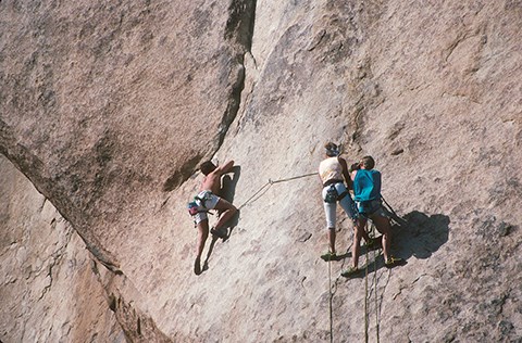 Three people in harnesses on a rock wall with ropes.
