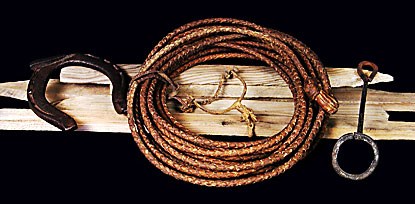 Color photo of lasso, spurs, branding iron, horseshoe, and stakes.