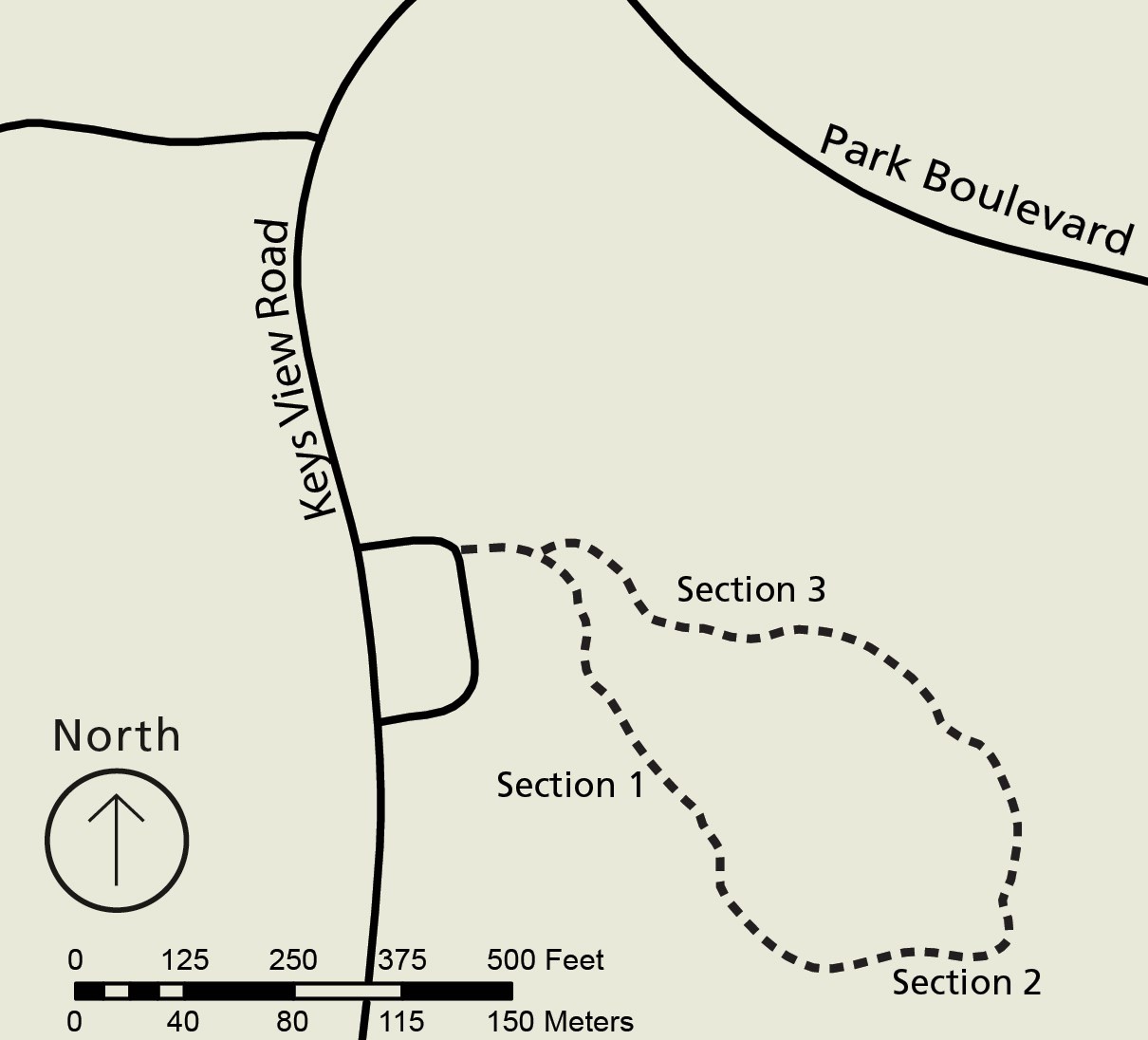 Map of the Cap Rock area. Keys View Road cuts through north-south with a small loop off to the east indicating the parking lot. Off the parking lot there is a dashed-line loop indicating the trail.