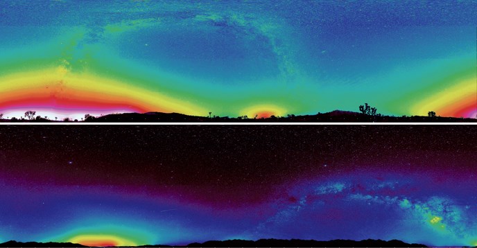 false color panoramas representing light pollution - top, bright color blocks the stars - bottom, image is dark