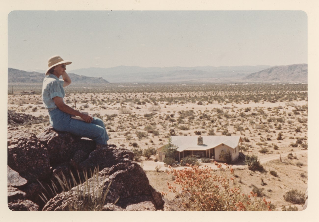 A woman sits atop a rock outcropping overlooking a desert landscape with a small home in the foreground.