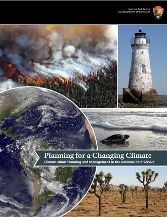 A manual with pictures of planet earth, a sea turtle, a lighthouse, Joshua trees, and a forest burning in a wildfire on the cover.