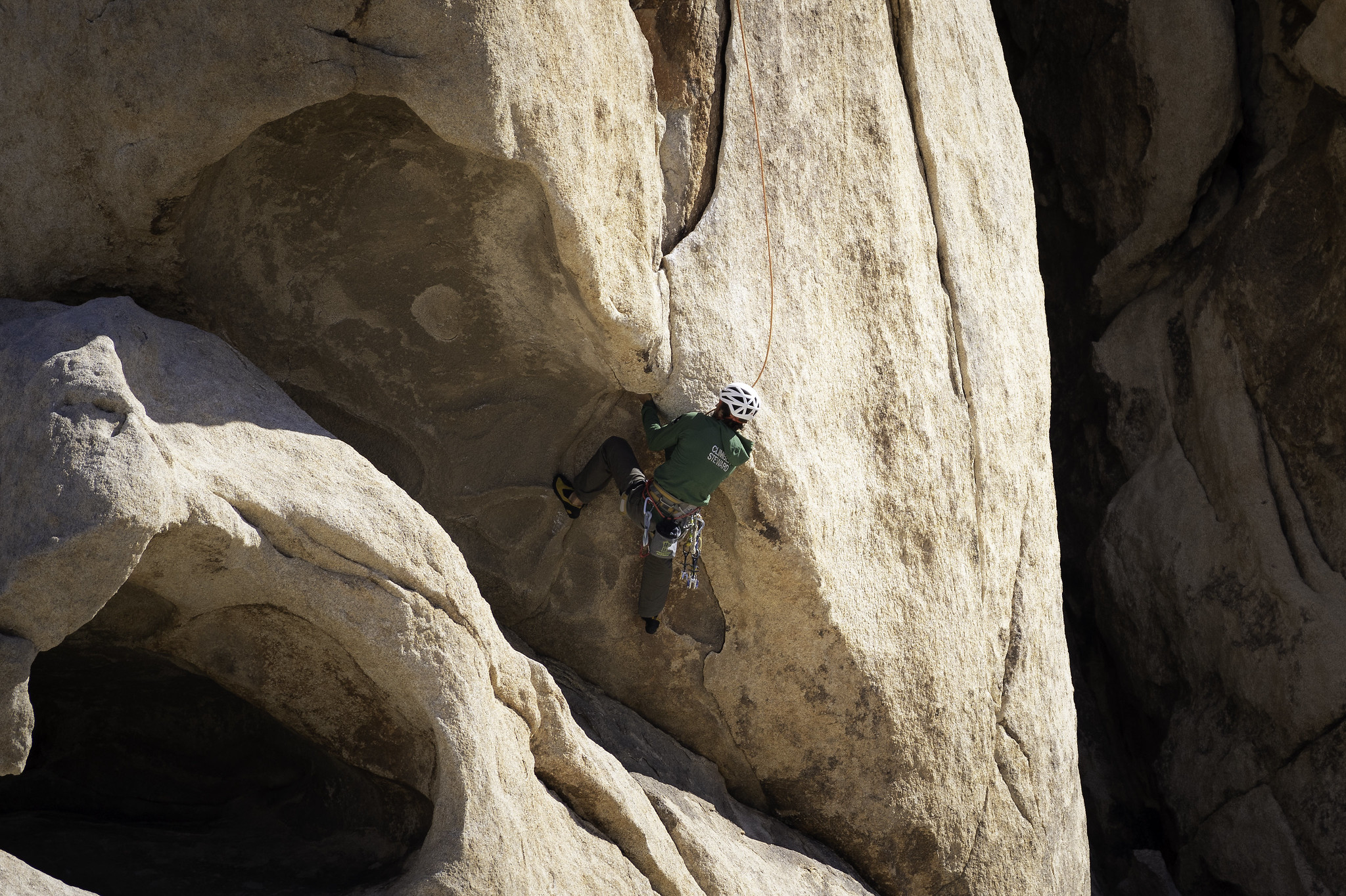 A climber steward in a green uniform shirt climbs a route.