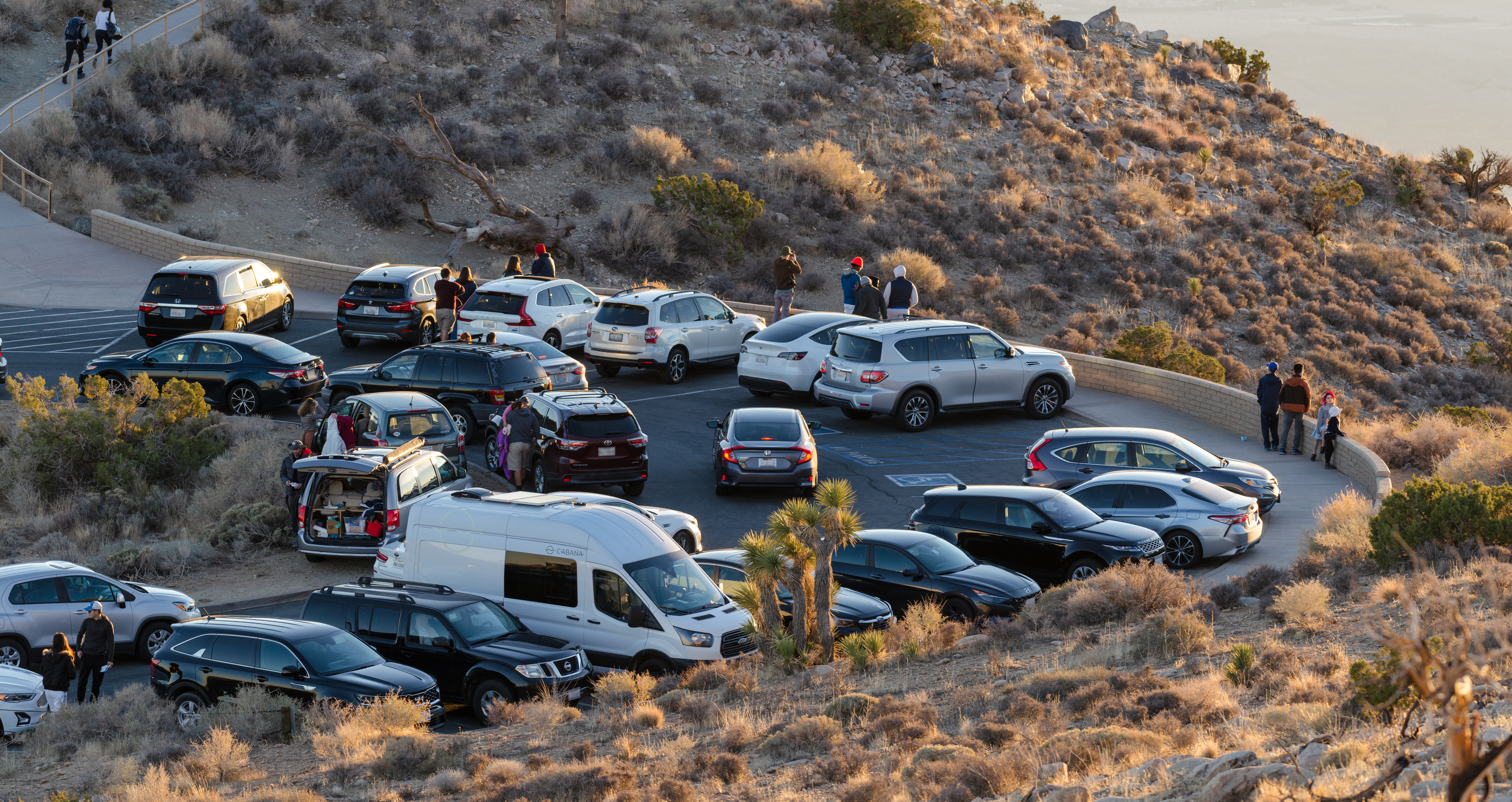 Traffic in the Park Cars, trucks, and vans crowded into a parking area.