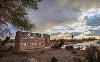 Rain clouds over a sign that reads Joshua Tree National Park Visitor Center