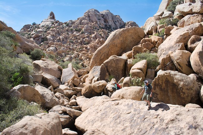 Two hikers traversing in a large rock field
