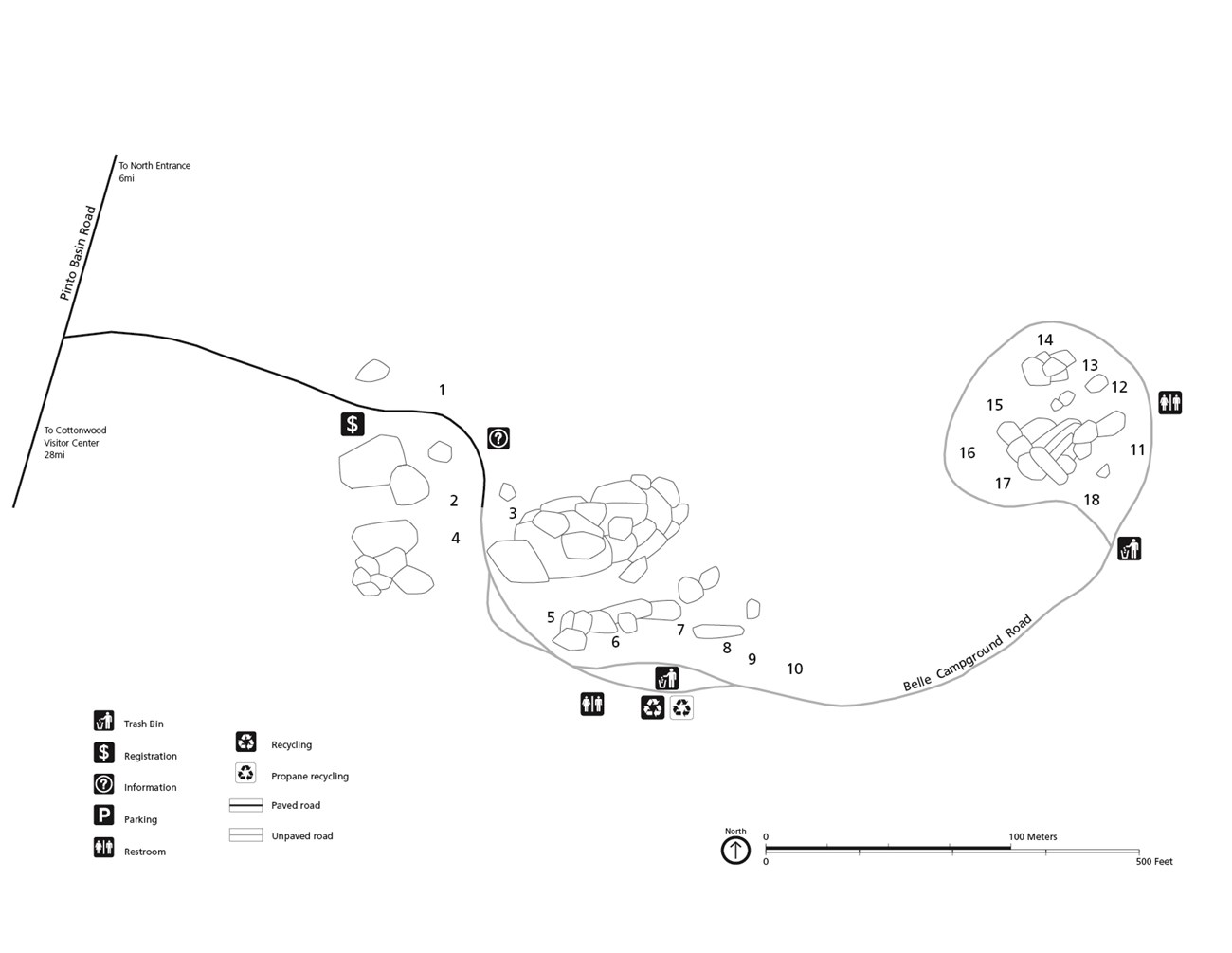 Black and white campground map. North is to the top of the image. The campground is comprised of a long road ending in a loop.