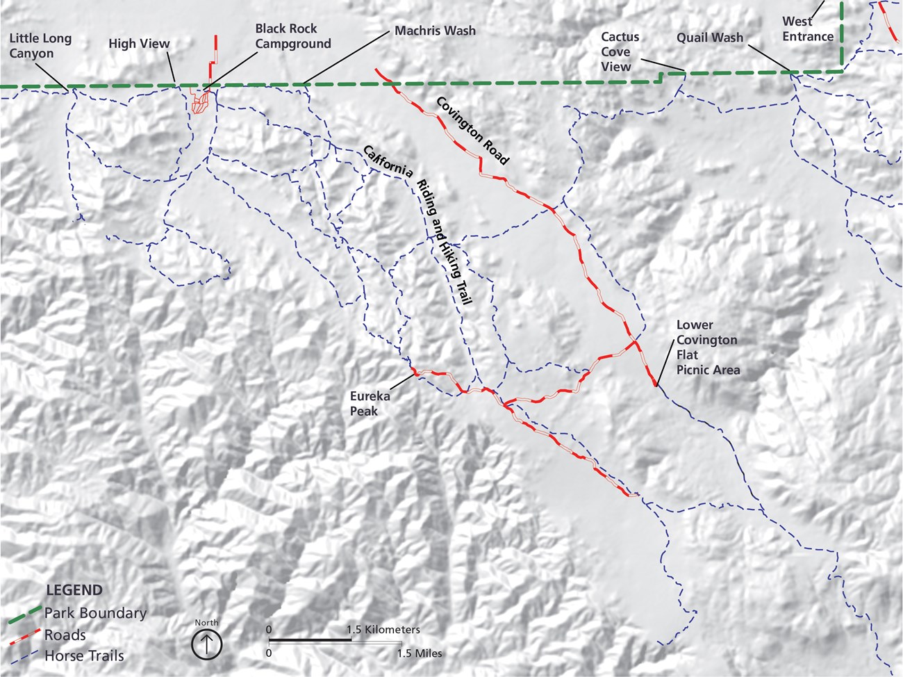 Color photo of the trail system near Black Rock campground for horseback users. The trails make large loops and interconnect frequently through the mountains near Black Rock.