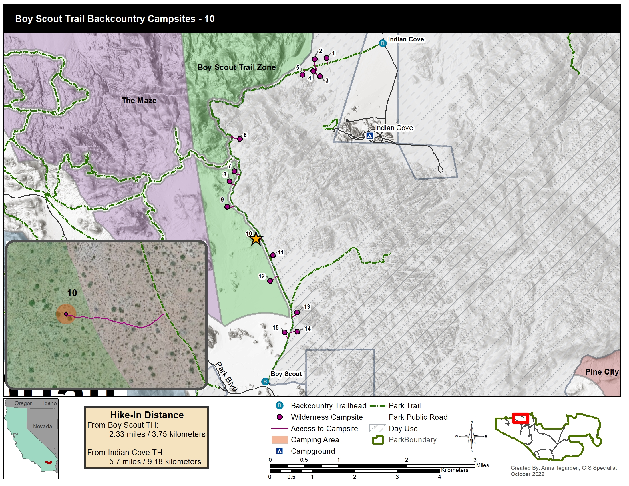 A map of designated campsites along the boy scout trail