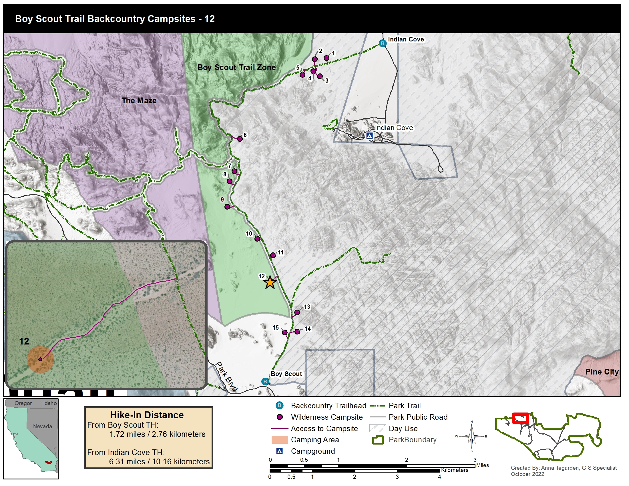 A map of designated campsites along the boy scout trail