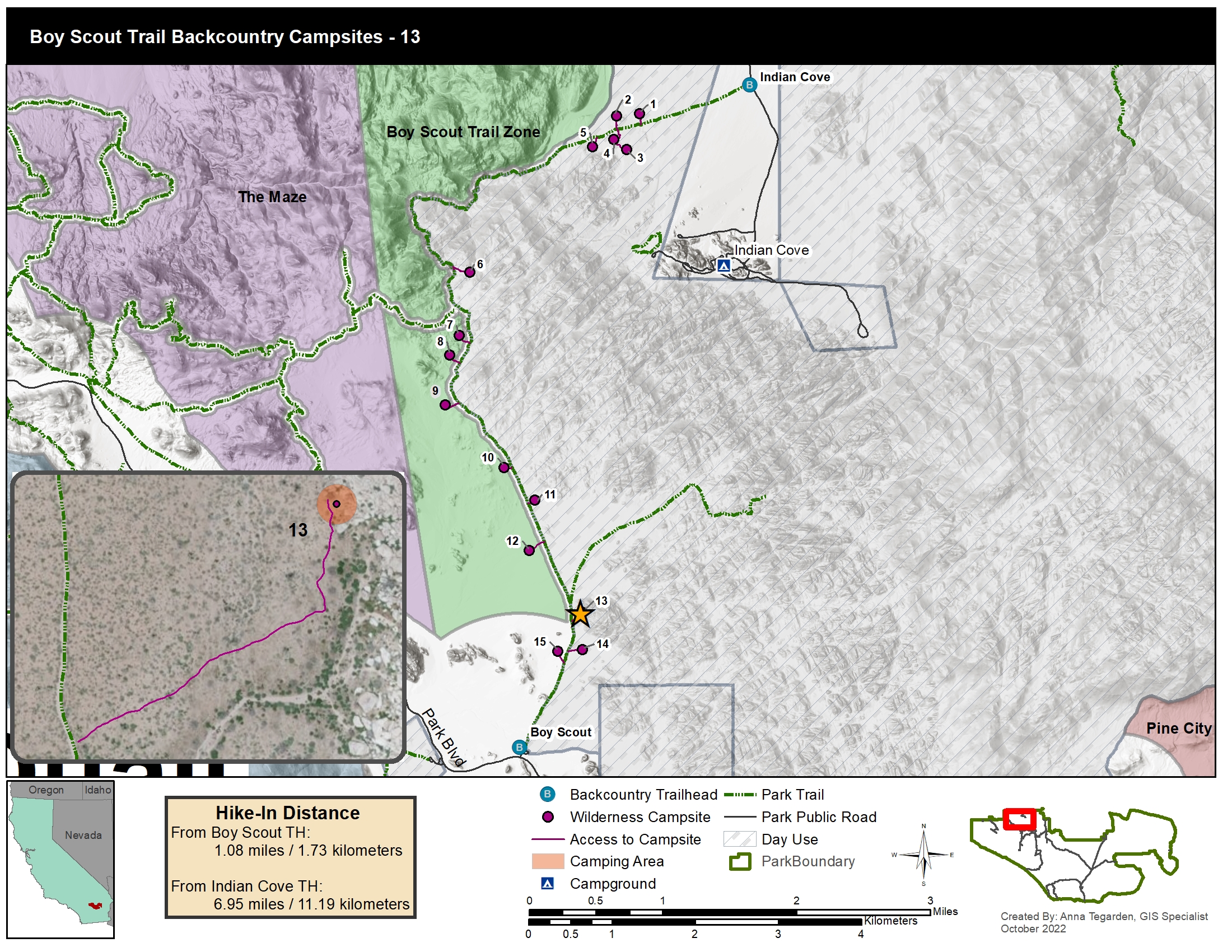 A map of designated campsites along the boy scout trail