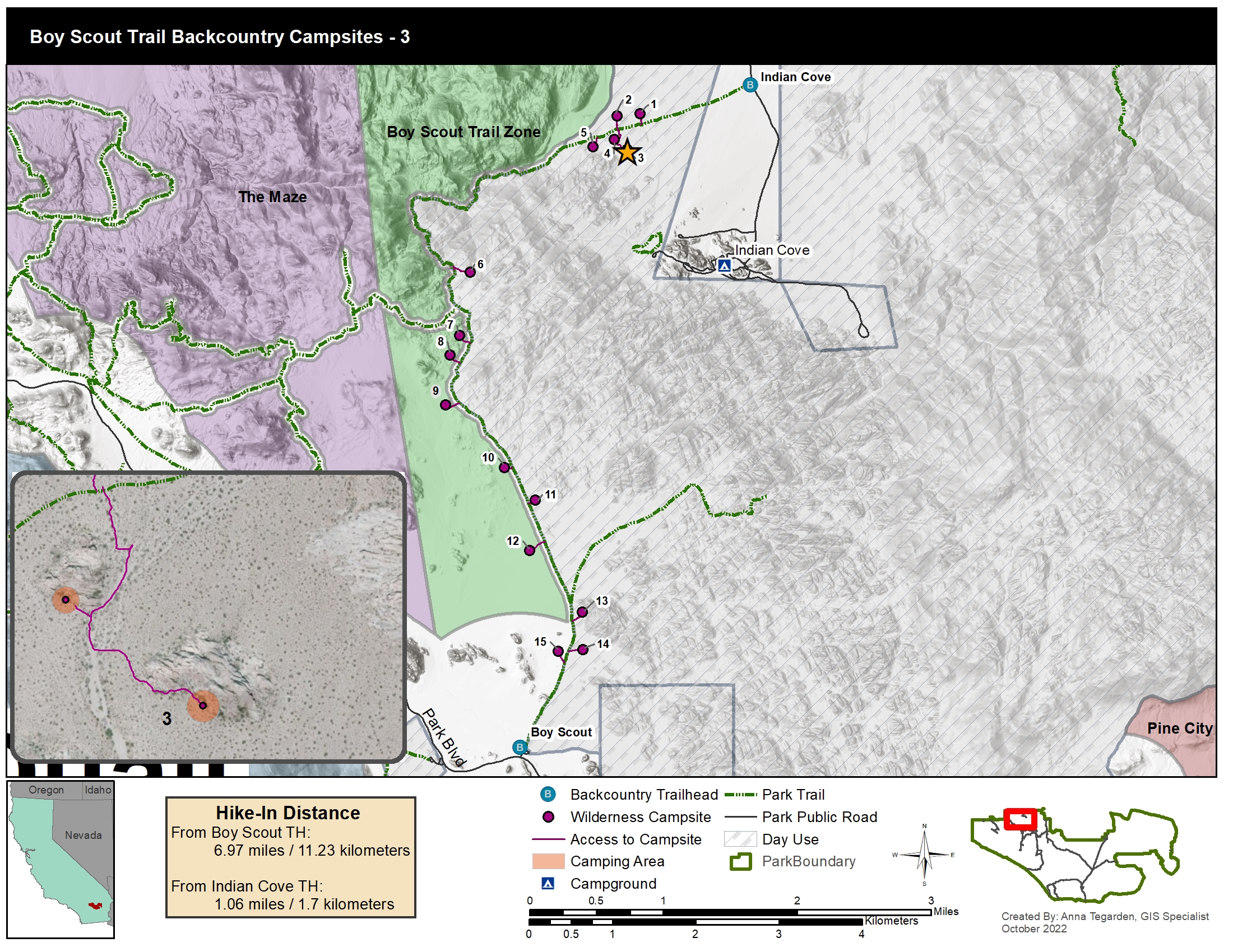 A map of designated campsites along the boy scout trail