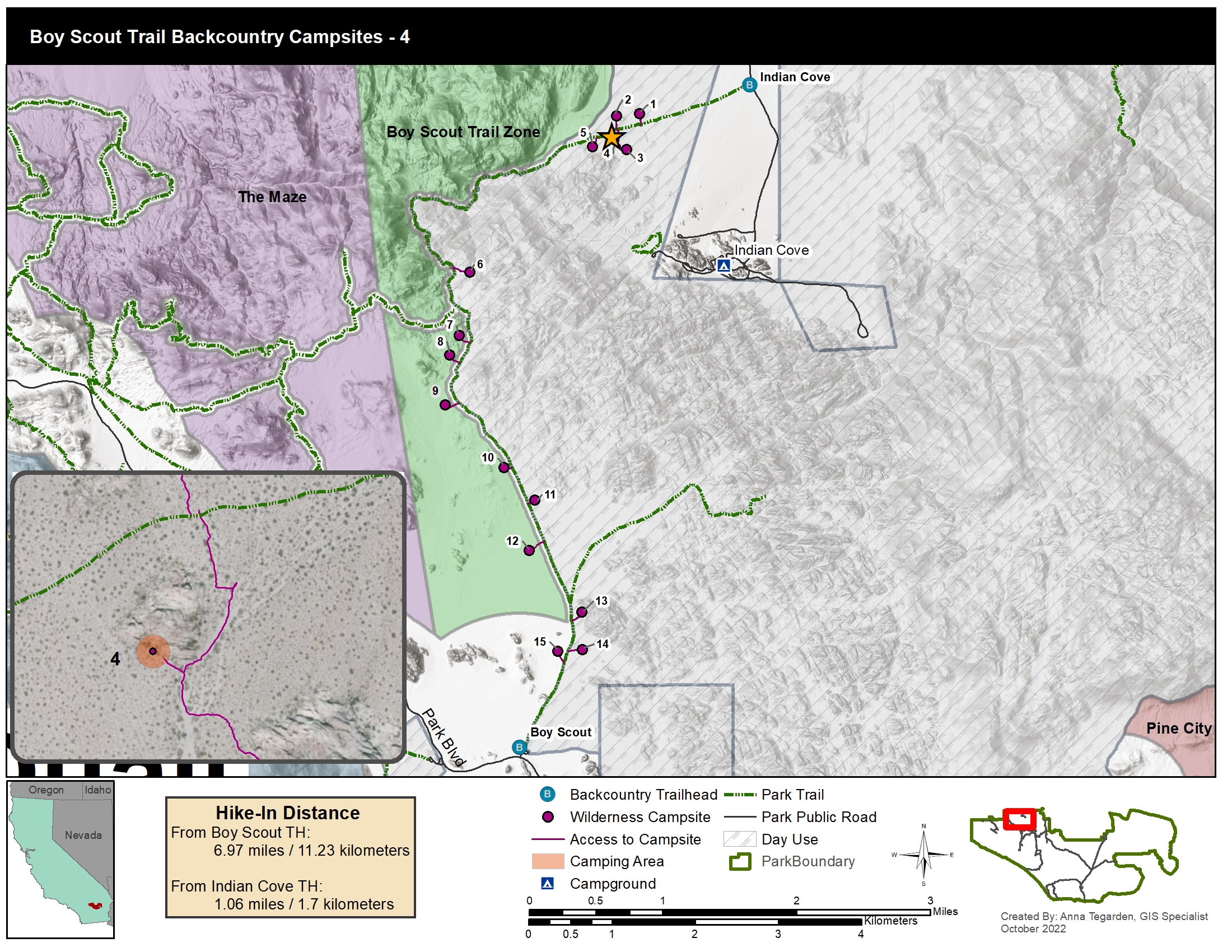 A map of designated campsites along the boy scout trail