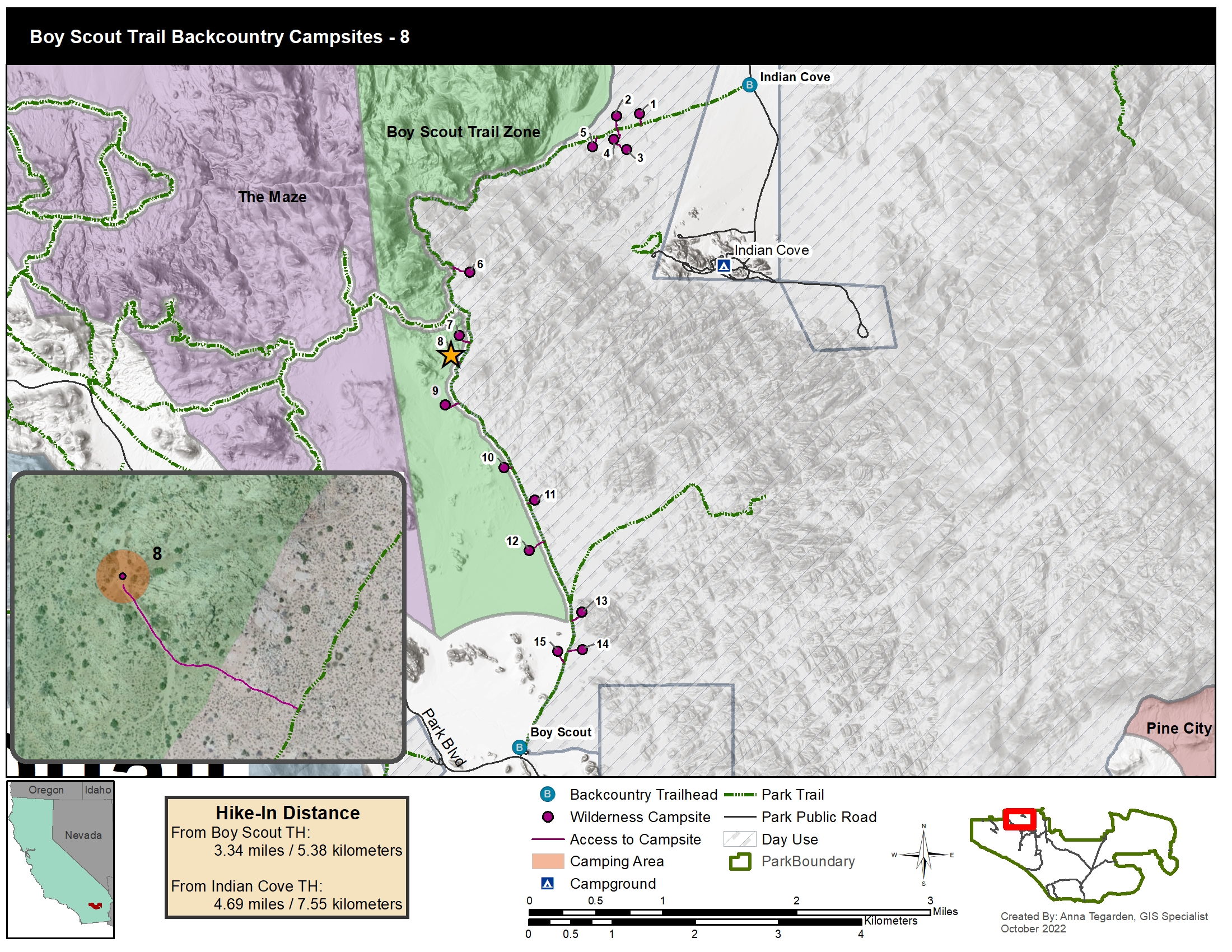 A map of designated campsites along the boy scout trail