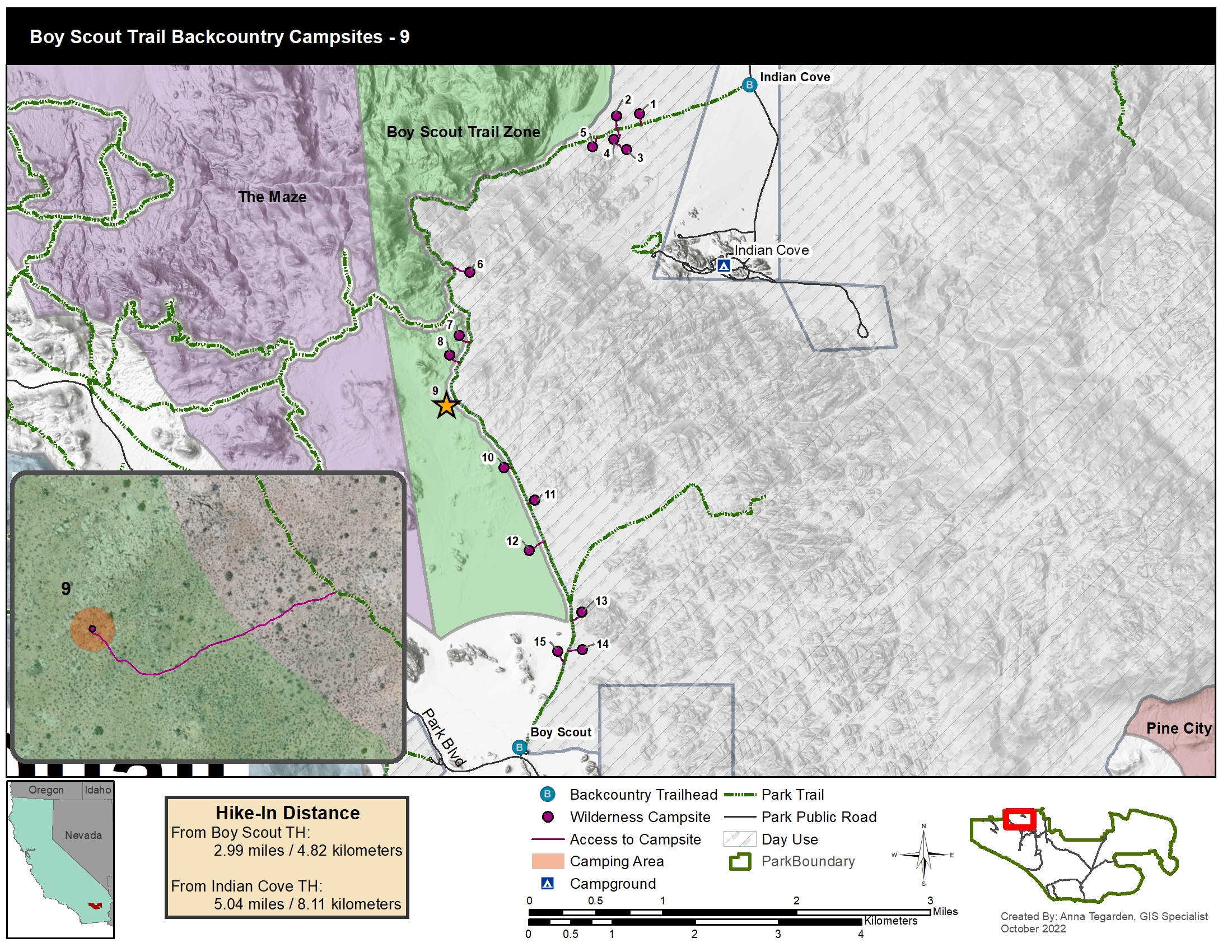 A map of designated campsites along the boy scout trail