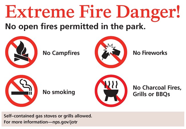 A graphic with the title Extreme Fire Danger, no open fires permitted in the park, no campfires, no smoking, no fireworks, no grills or bbqs. 4 graphics of the actions that are not allowed have a large red circle with a cross through it.