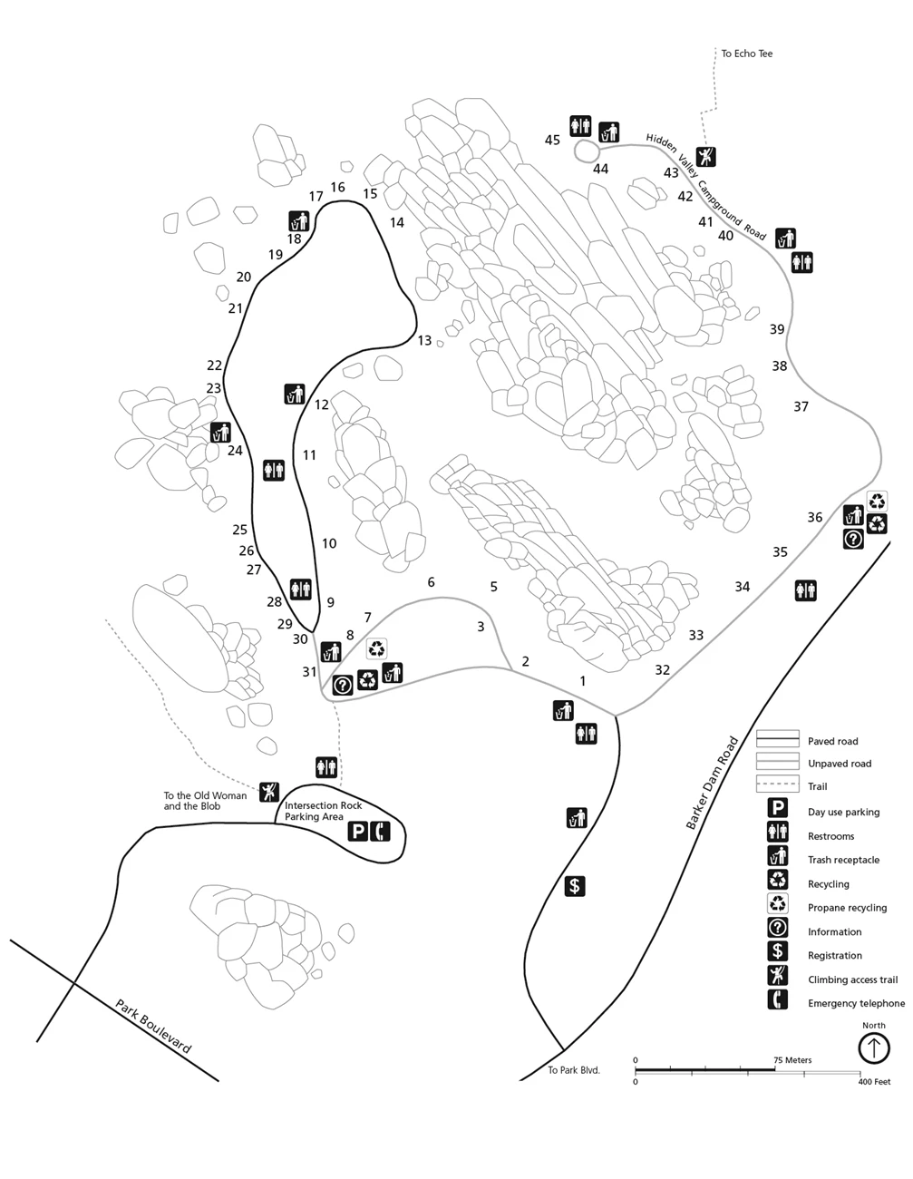 Hidden Valley Campground map Black and white campground map. The map is oriented with North to the top of the page. The campground is made up of one dead end road and two loops.