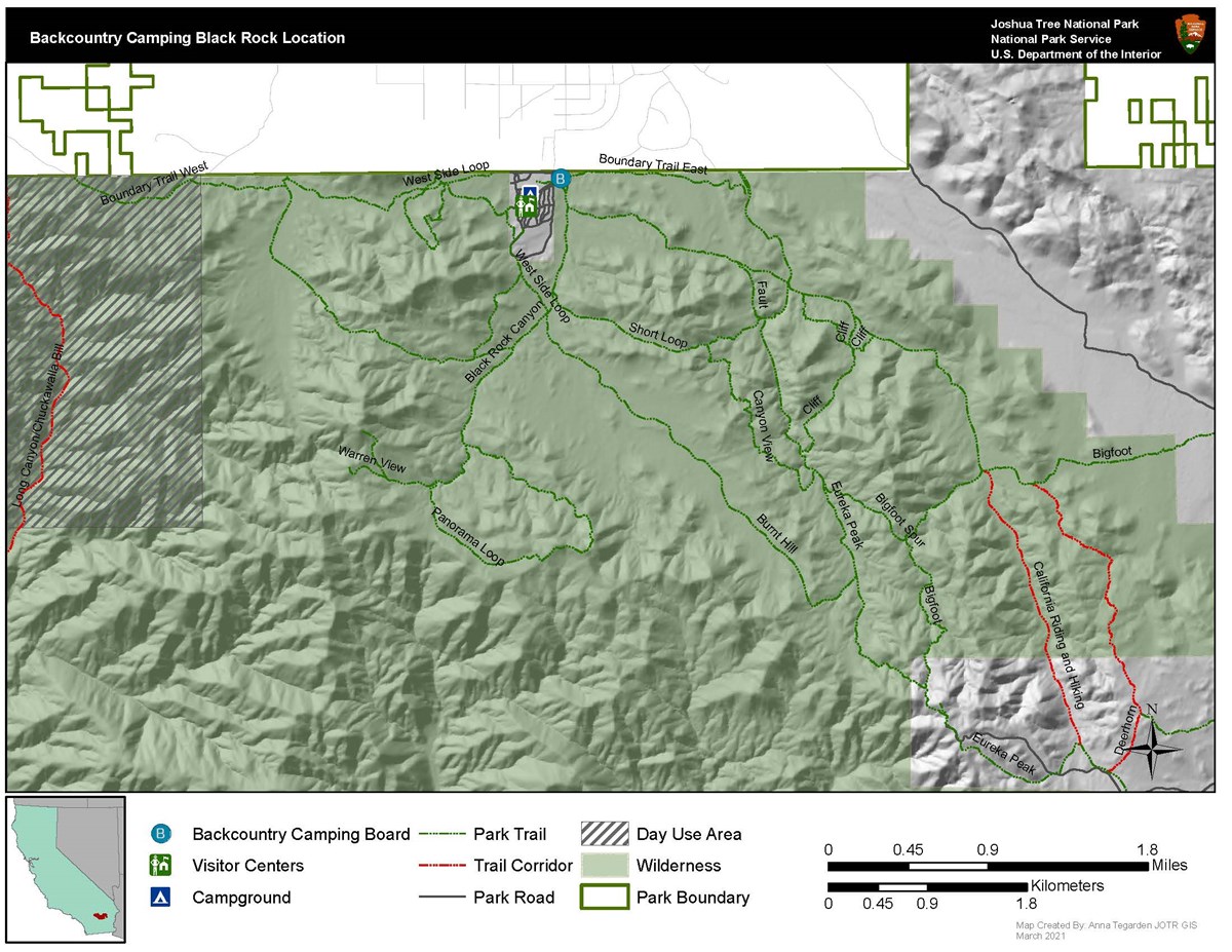 A map showing the wilderness areas in Black Rock Canyon and a day-use only area. Most trails in Black Rock Canyon partly or fully in wilderness including West Side Loop, Panorama Loop, and Eureka Peak.